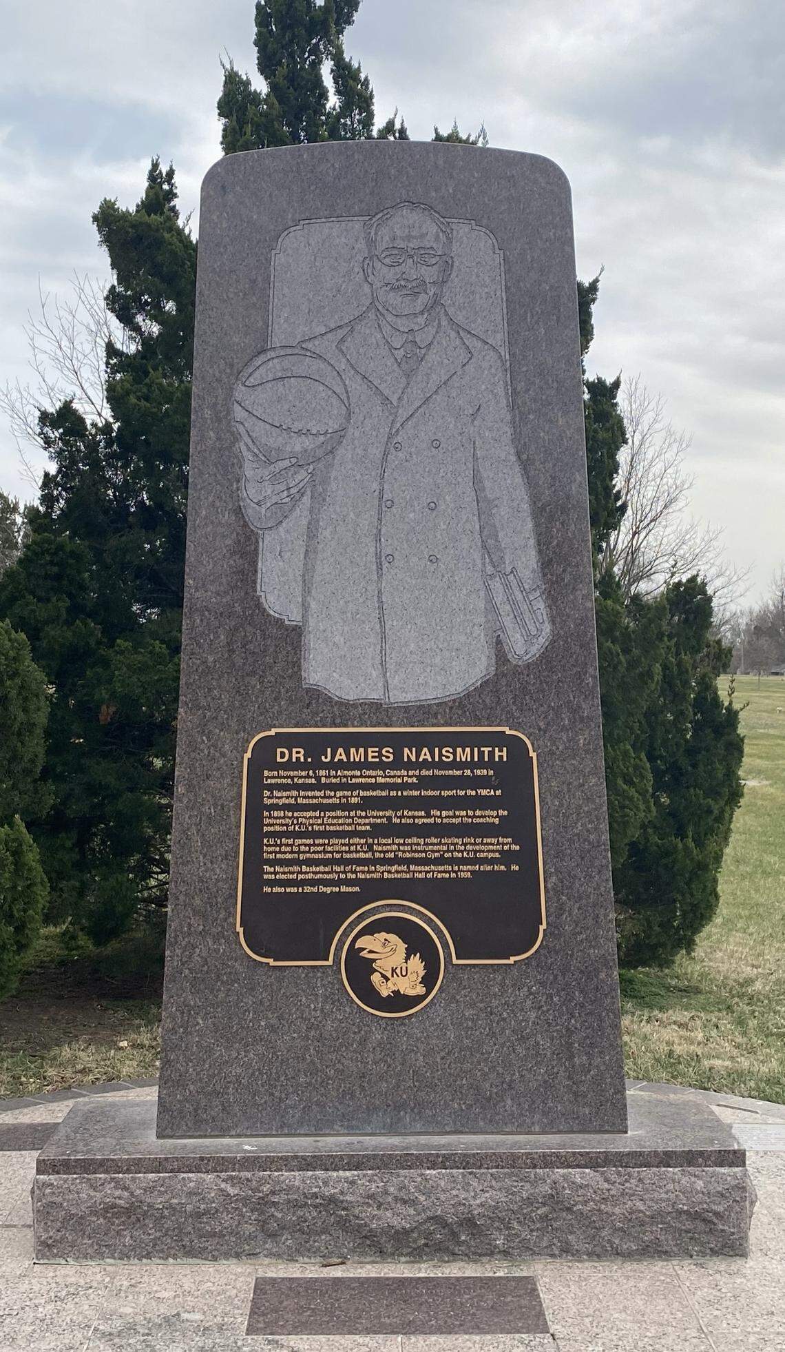 The monument to James Naismith at Memorial Park Cemetery in Lawrence.