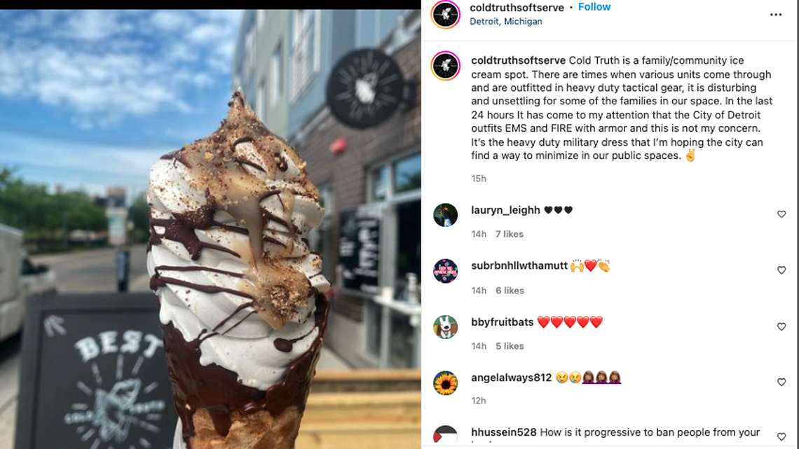 The owner of a Michigan ice cream shop defended a viral post saying police officers wearing body armor will not be served.