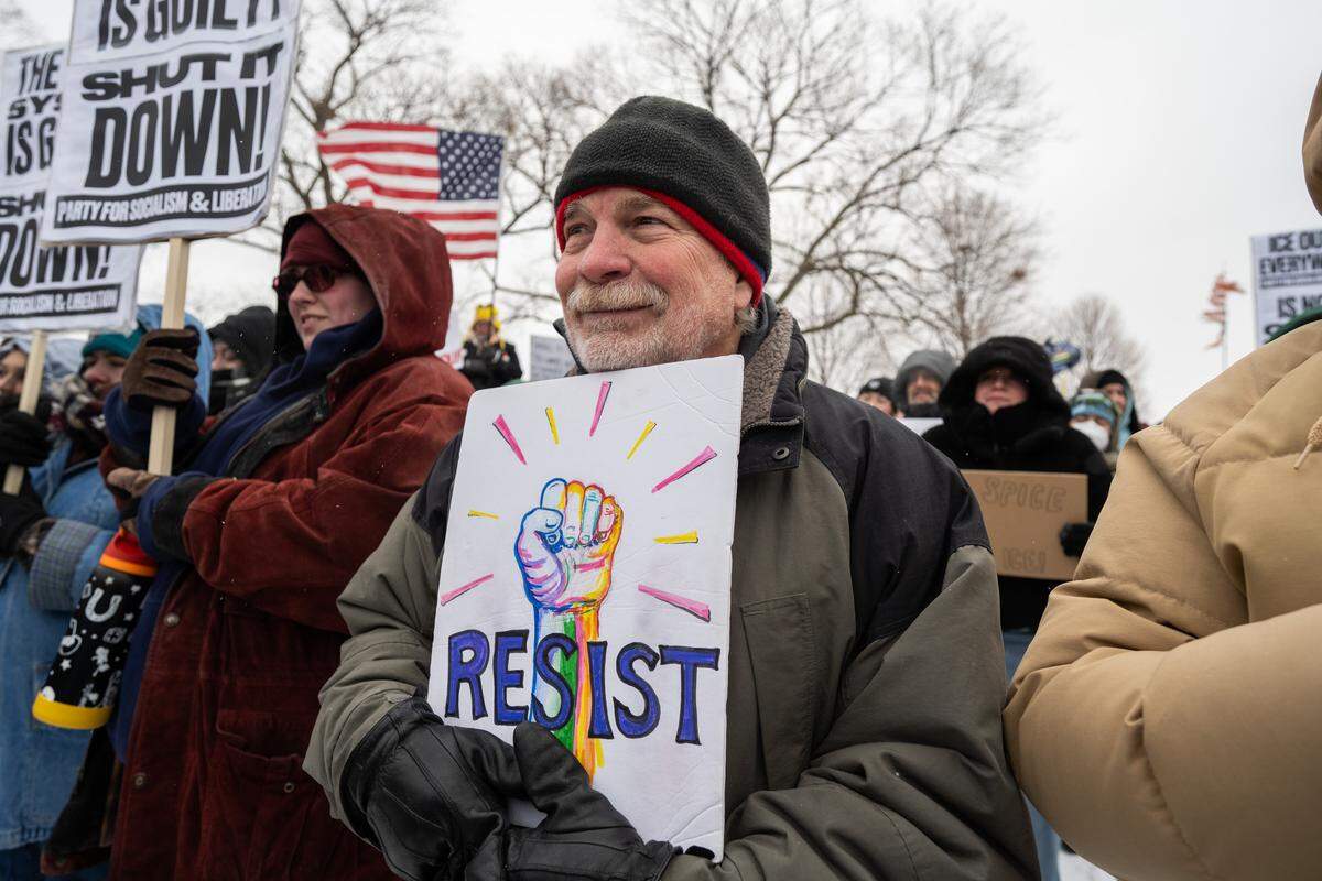 Protesters gathered at the World War I Museum and Memorial to rally against recent ICE actions across the U.S. and in Kansas City on Friday, January 30, 2026.