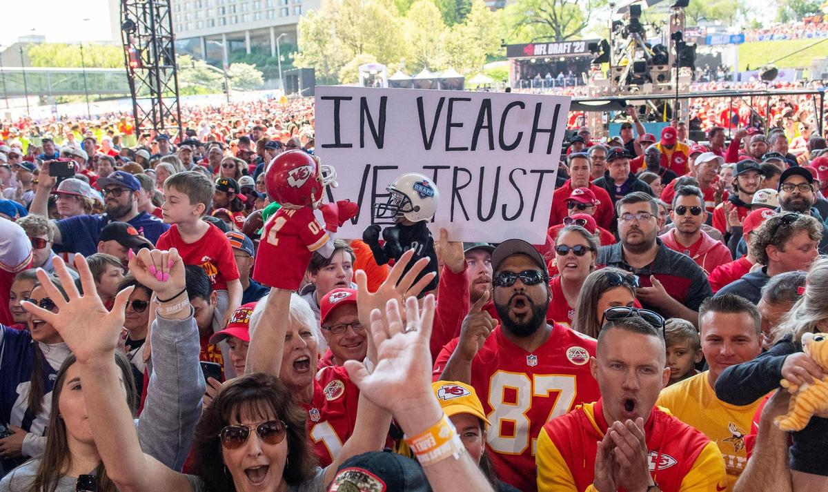 Kansas City Chiefs fans crowded in for the NFL Draft outside of Union Station in April 2023. They all had to go through security first.