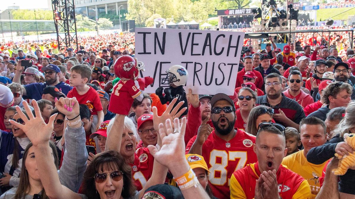 Kansas City Chiefs fans cheer during the fourth round of the NFL Draft outside of Union Station on Saturday, April 29, 2023, in Kansas City.