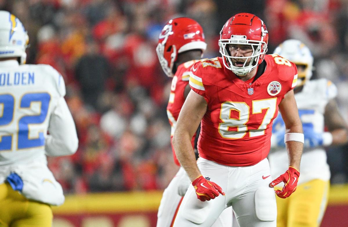 Kansas City Chiefs tight end Travis Kelce (87) was fired up after making a reception in the first quarter against the Los Angeles Chargers on Sunday, Dec. 8, 2024, at GEHA Field at Arrowhead Stadium.