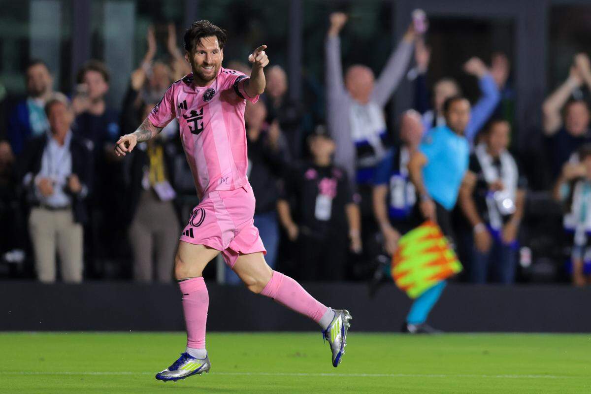 Inter Miami CF forward Lionel Messi (10) celebrates after scoring against Sporting Kansas City during the first half of a 2025 Concacaf Champions Cup at Chase Stadium on Feb. 25, 2025.