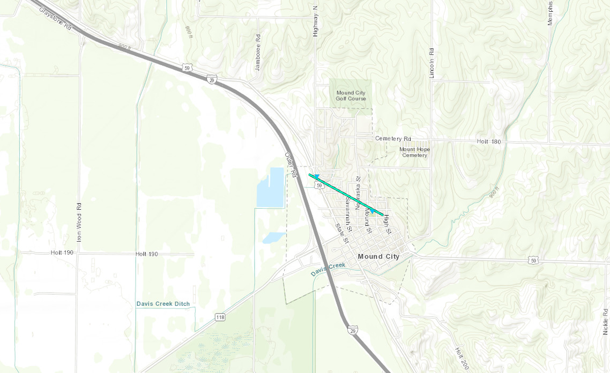 A National Weather Service damage survey map shows the approximate path of a small tornado that touched down in the Mound City area Saturday.