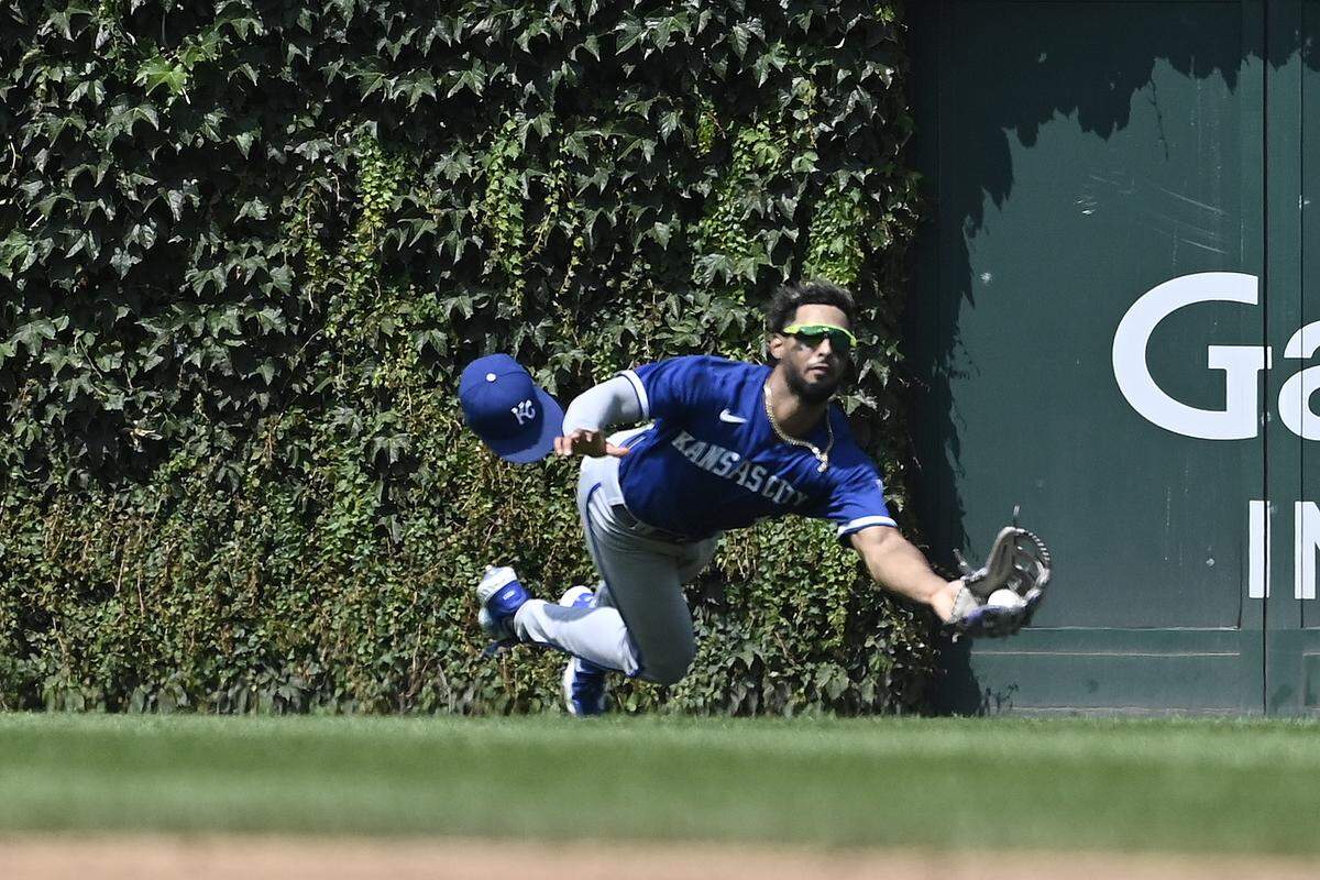 Kansas City Royals outfielder MJ Melendez makes a diving catch on a fly ball hit by Chicago Cubs shortstop Dansby Swanson during Sunday afternoon’s game at Wrigley Field.