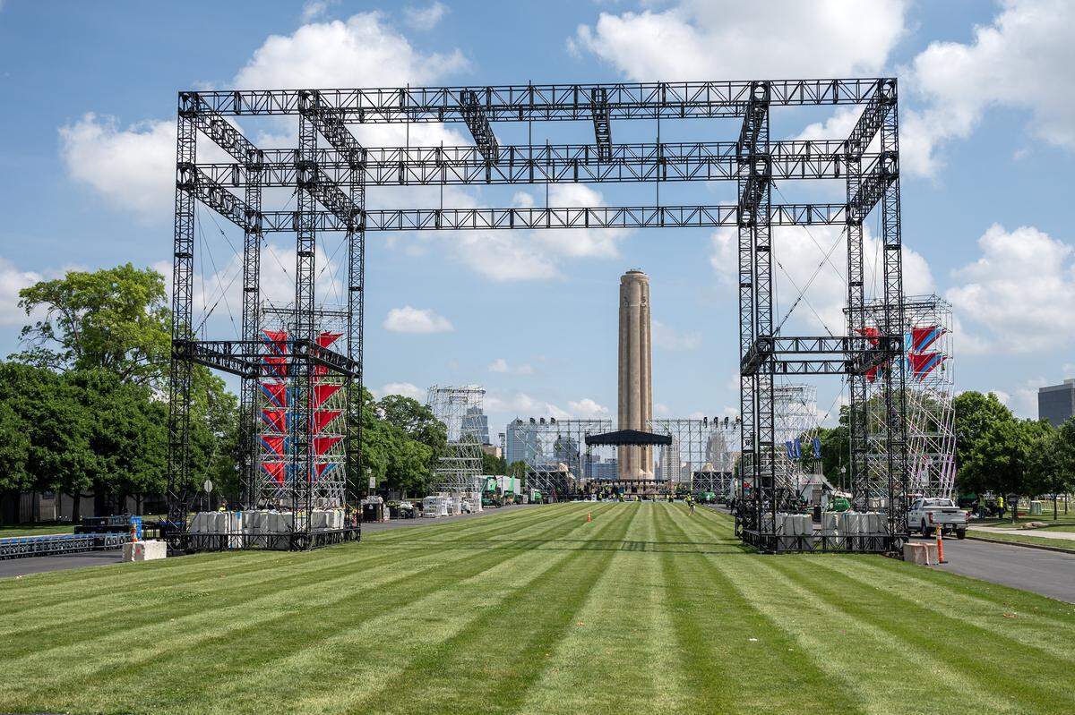 Construction crews prepare the FIFA Fan Festival site during a media walkthrough at the National WWI Museum and Memorial on Wednesday, May 27, 2026, in Kansas City.