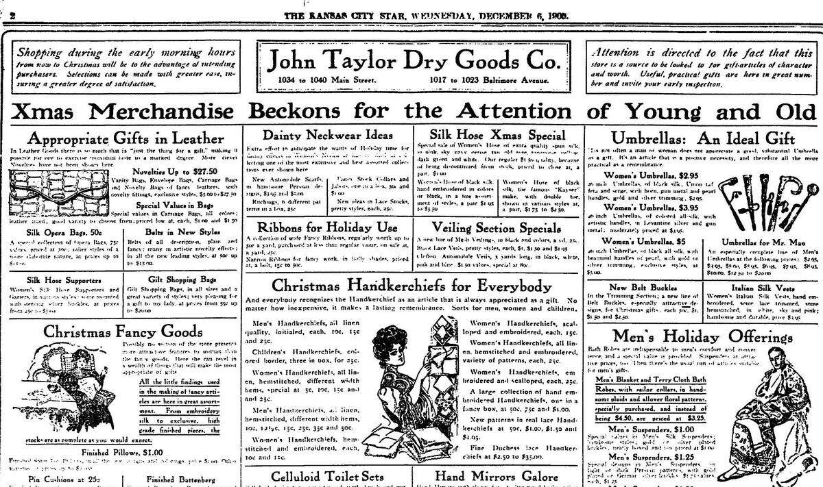 John Taylor Dry Goods Company ad for Christmas merchandise. The Kansas City Star, December 5, 1905.