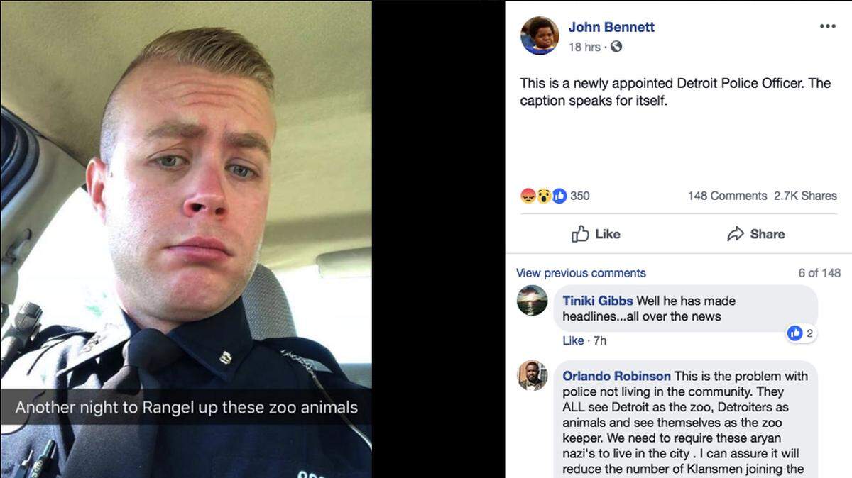 Detroit cop Sean Bostwick was suspended “on the spot,” says police chief James Craig, after the rookie’s racially tinged Snapchat post. “Another night to Rangel up these zoo animals,” he wrote on a photo of himself in uniform.