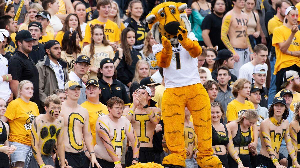 The Missouri mascot stands in front of fans during the third quarter of an NCAA college football game against Central Michigan Saturday, Sept. 4, 2021, in Columbia, Mo. (AP Photo/L.G. Patterson)