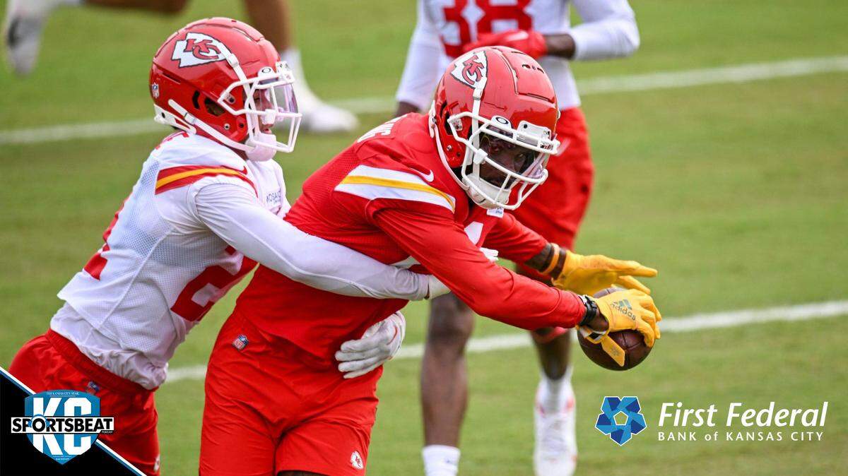 Chiefs cornerback Trent McDuffie (21) goes after wide receiver Marquez Valdes-Scantling (11) during training camp on Friday, July 29, 2022 at Missouri Western State University, in St. Joseph, Missouri.