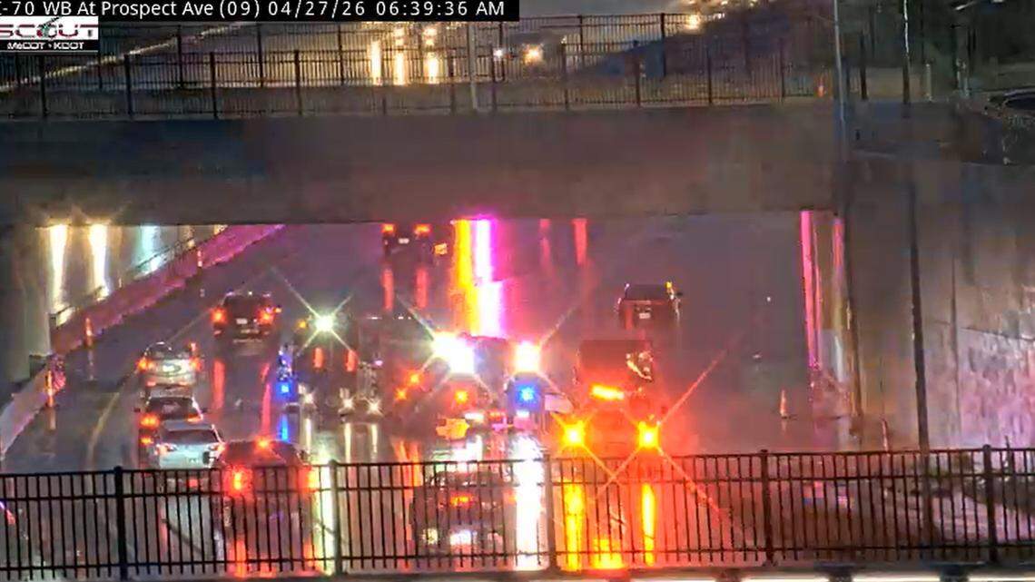 Cars became stranded after floodwaters covered part of Interstate 70 near Prospect Avenue in Kansas City after severe thunderstorms rolled through the metro early in Monday’s morning rush hour.
