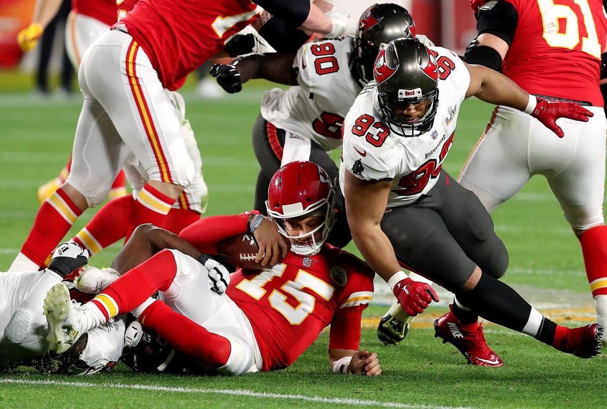 Kansas City Chiefs quarterback Patrick Mahomes is sacked by the Tampa Bay Buccaneers defense in the third quarrterSunday, February 7, 2021, at Super Bowl LV at Raymond James Stadium in Tampa, Florida.