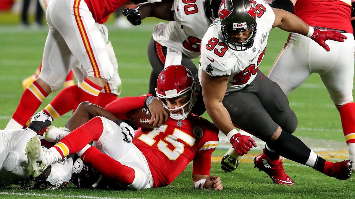 Kansas City Chiefs quarterback Patrick Mahomes is sacked by the Tampa Bay Buccaneers defense in the third quarrter Sunday, February 7, 2021, at Super Bowl LV at Raymond James Stadium in Tampa, Florida.