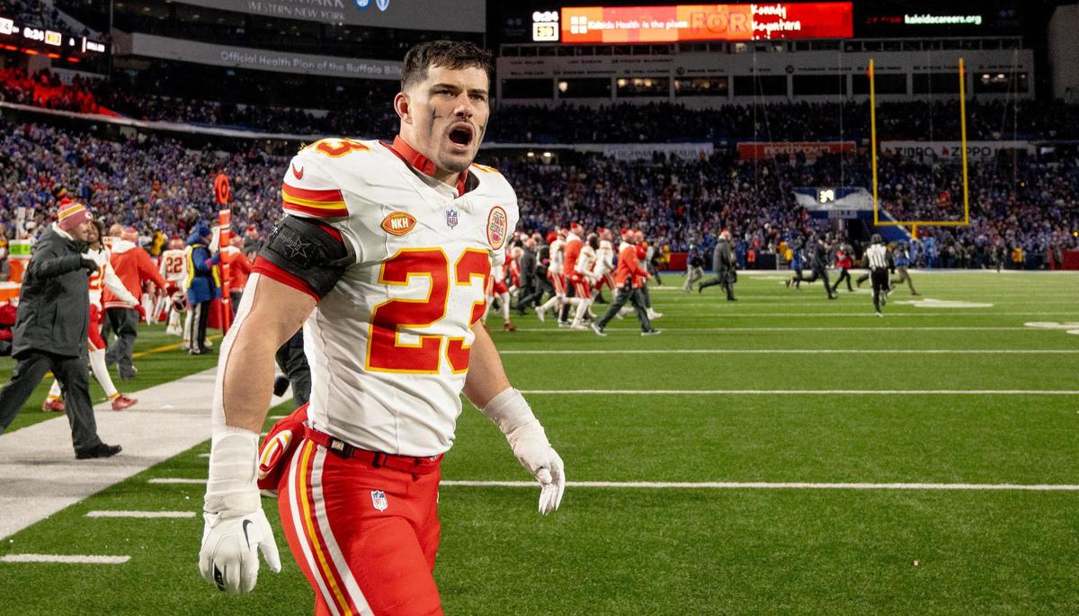 Chiefs linebacker Drue Tranquill celebrates KC’s January road victory over the Buffalo Bills in an AFC Divisional Round playoff game at Orchard Park, N.Y.