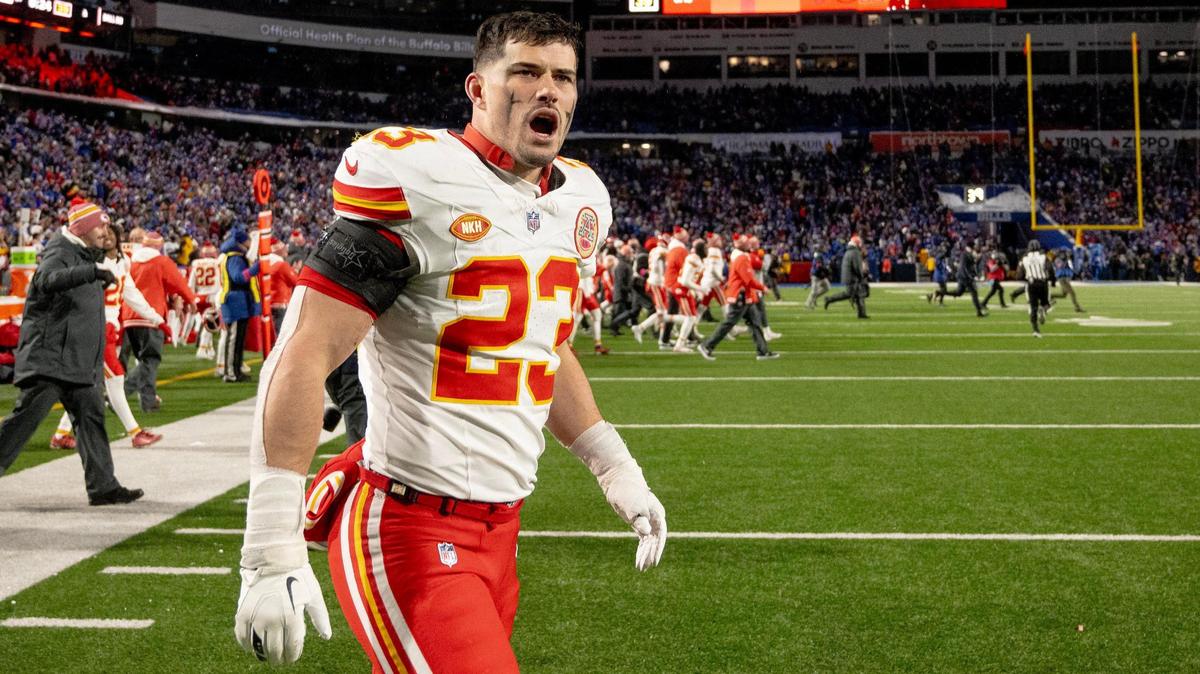 Kansas City Chiefs linebacker Drue Tranquill (23) celebrates after the Chiefs defeated the Buffalo Bills 27-24 during an AFC Divisional Round playoff game at Highmark Stadium on Sunday, Jan. 21, 2024, in Orchard Park, New York.