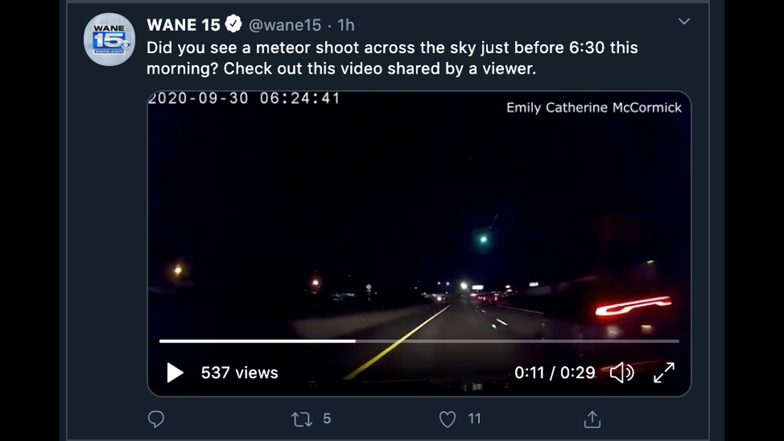 A fireball meteor streaked across the sky in the eastern U.S. early Wednesday, according to the American Meteor Society.