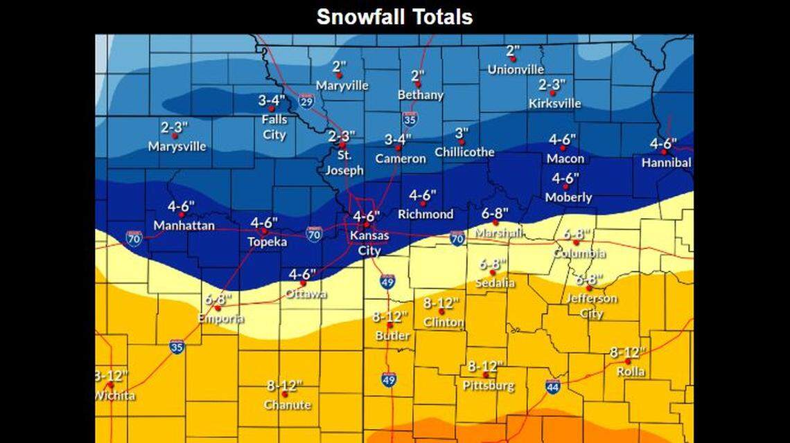 Kansas City is now forecast to receive 4–6 inches of snow from a big winter storm, according to the latest forecast from the National Weather Service. Slick roads, gusty winds and bitter cold expected; officials urge caution and limit travel.