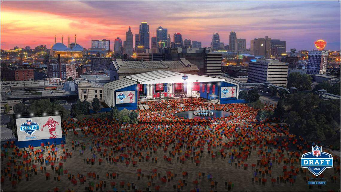 This rendering depicts the NFL Draft setup for the April 27-29 event in Kansas City. Union Station and the Liberty Memorial will be the epicenter of the widely watched player-selection process.