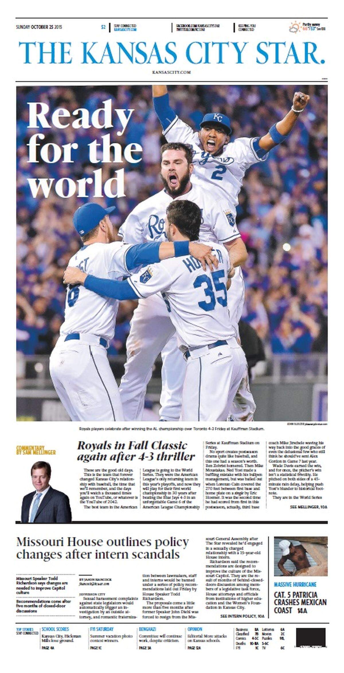 The front page of The Kansas City Star the day after the Royals beat the Blue Jays in Game 6 of the American League Championship Series on Oct. 23, 2015.