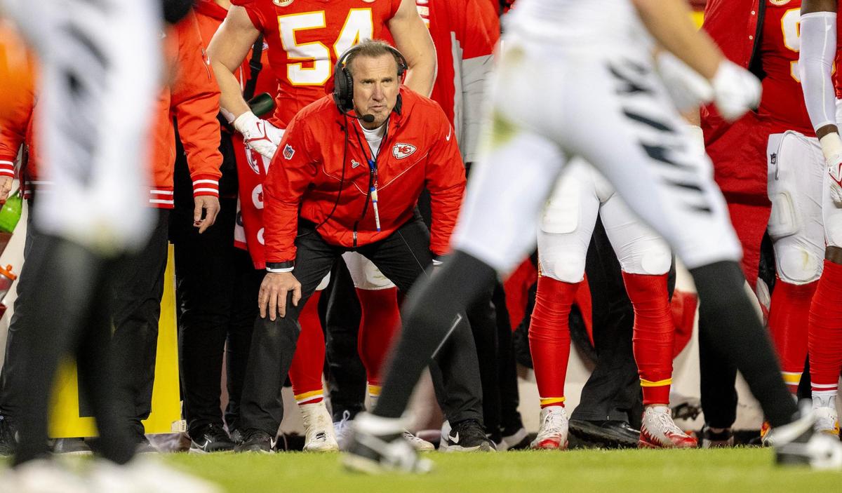 Kansas City Chiefs defensive coordinator Steve Spagnuolo watches his unit play against the Cincinnati Bengals during an NFL football game at GEHA Field at Arrowhead Stadium on Sunday, Dec. 31, 2023, in Kansas City.