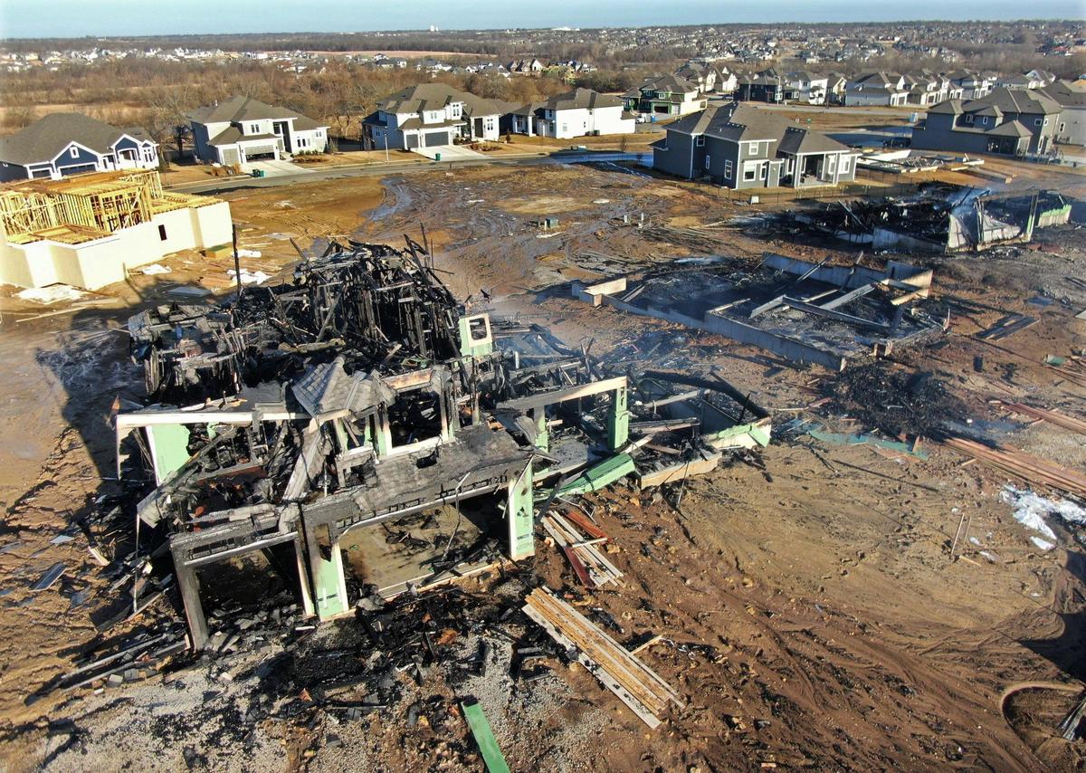 Three large houses under construction caught fire and burned down early Monday, Feb. 28, 2022, in the Terrybrook Farms subdivision in south Overland Park. Firefighters responded to the fire about 4:20 a.m. in the 11100 block of West 172nd Terrace, which is near West 175th Street and Switzer Road. The neighborhood features homes from $500k to over $2 million.