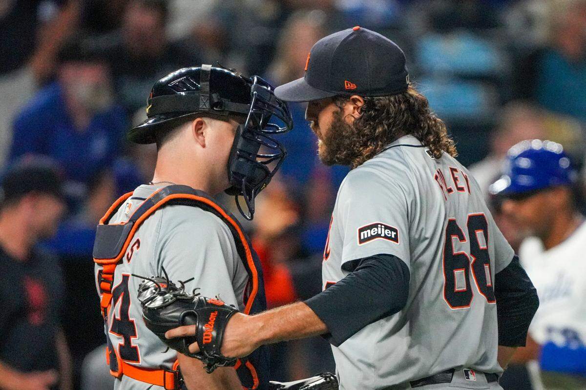 Detroit Tigers relief pitcher Jason Foley (68) celebrates with catcher Jake Rogers (34) after the win over the Kansas City Royals at Kauffman Stadium on Sep 16, 2024 in Kansas City, Missouri, USA.