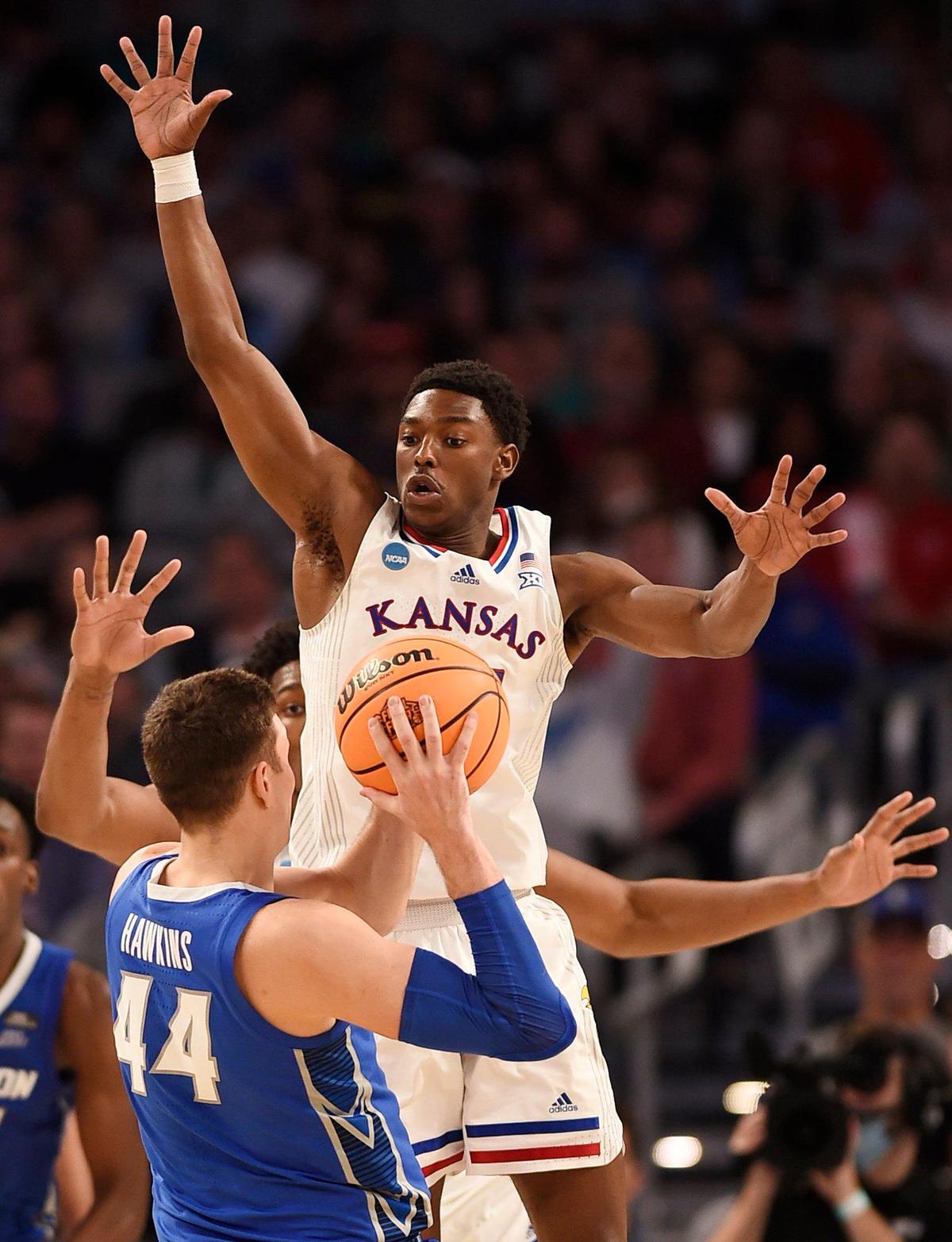 KU’s Jalen Coleman-Lands defends Creighton’s Ryan Hawkins during the second half of the Jayhawks 79-72 win over the Bluejays in a second round game of the NCAA Tournament in Fort Worth.
