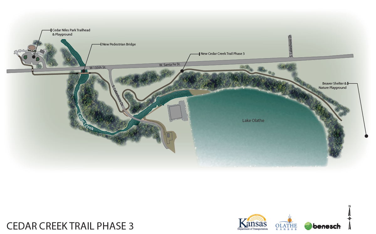 Project renderings of Phase three of the Cedar Creek Trail extension. An additional 0.9 miles will connect Lake Olathe at its Beaver Shelter to the Cedar Niles Traill off Santa Fe.