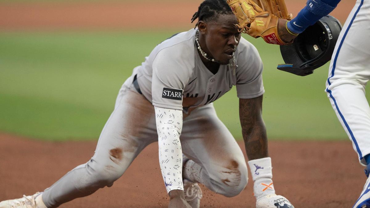 New York Yankees second baseman Jazz Chisholm Jr. (13) was safe at third base in the game against the Kansas City Royals on Tuesday, June 10, 2025, at Kauffman Stadium in Kansas City.