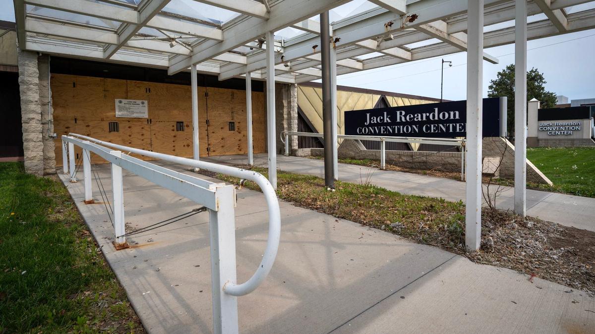 The defunct Jack Reardon Convention Center, 510 Minnesota Ave., Kansas City, Kansas, has sat unused for years and is now boarded up. A developer wants to tear down the publicly owned building to make way for retail space, a smaller convention hall and up to 100 apartments downtown.