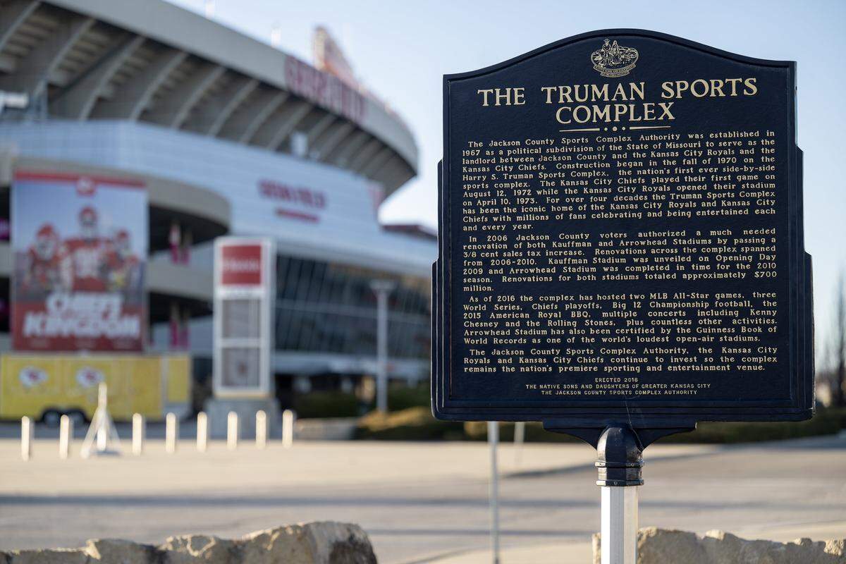 A marker of history standing at a crossroads. This 2016 sign at the Truman Sports Complex seen on Wednesday, Jan. 14, 2026, explains the legacy of the grounds between Arrowhead and Kauffman Stadiums. Following the December announcement, the Kansas City Chiefs are set to leave their longtime home for a new domed stadium in Wyandotte County, Kansas.