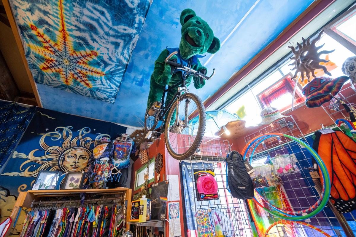 A limited-edition Grateful Dead mountain bike designed by Gary Fisher hangs in the store.