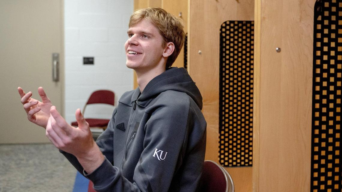 Kansas guard Gradey Dick speaks during an interview after the team’s practice at Wells Fargo Arena on Friday, March 17, 2023, in Des Moines, Iowa.