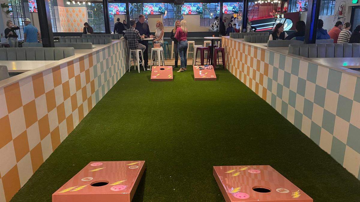 The cornhole setup inside Bar Rec, which opens Friday in Westport.