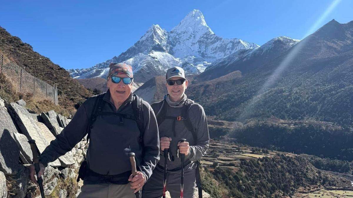 Dave McClung, 82, seen with his son Dennis McClung, 55, as they hike to South Base Camp at Mount Everest.