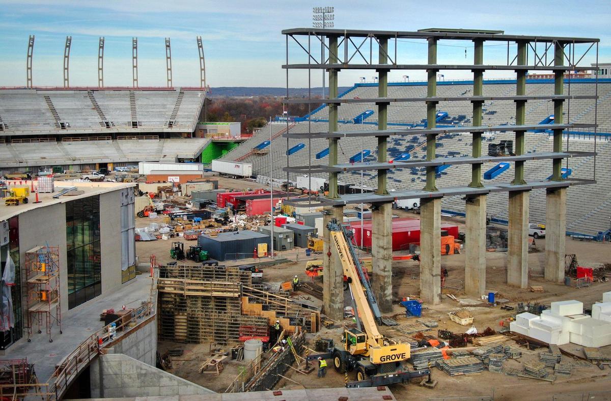 Renovations continue at David Booth Memorial Stadium on Friday, Nov. 22, 2024, at the University of Kansas in Lawrence. This is the south end of the stadium where work is underway near the scoreboard.