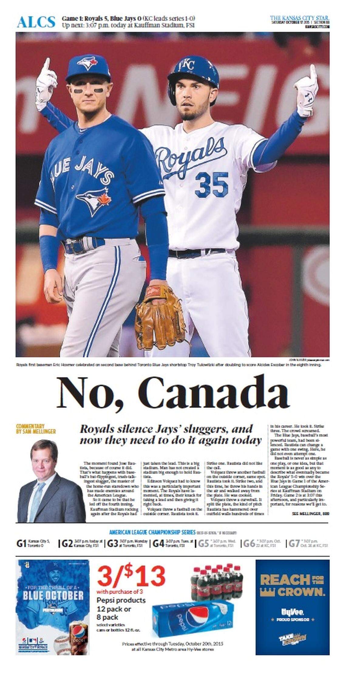 The front page of The Kansas City Star sports section the day after the Royals beat the Blue Jays in Game 1 of the American League Championship Series on Oct. 16, 2015.