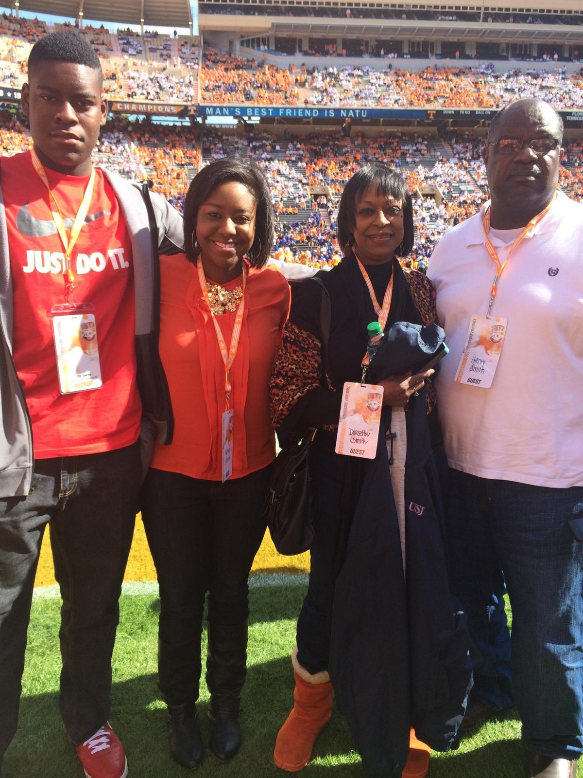 Kansas City Chiefs lineman Trey Smith (left), with his sister (Ashley), mother (Dorsetta) and father (Henry) at a Univeristy of Tennessee game, where Smith played college football.