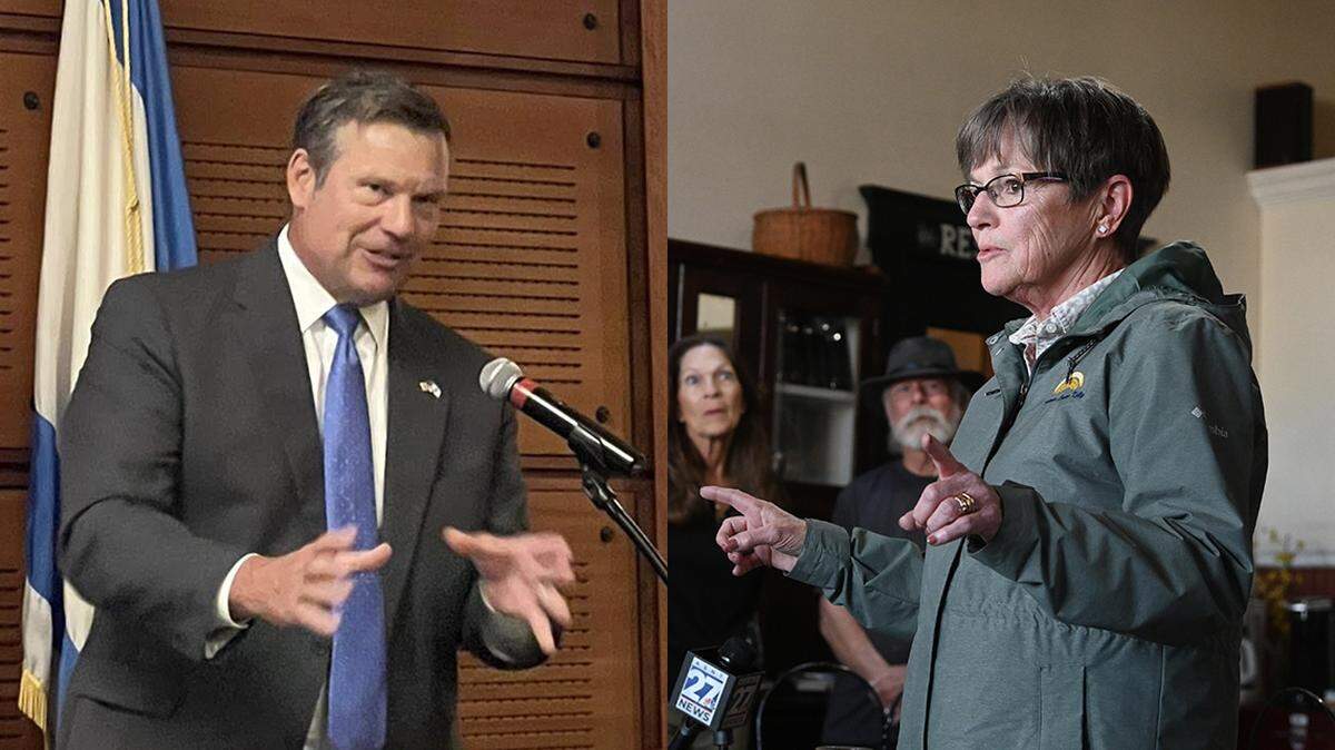 Kansas Attorney General Kris Kobach and Gov. Laura Kelly