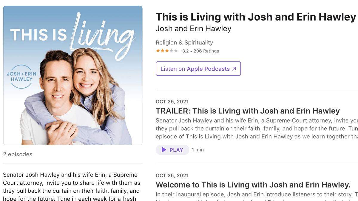 A screenshot from the Apple Podcasts site shows Josh Hawley “This is Living” with Josh and Erin Hawley.