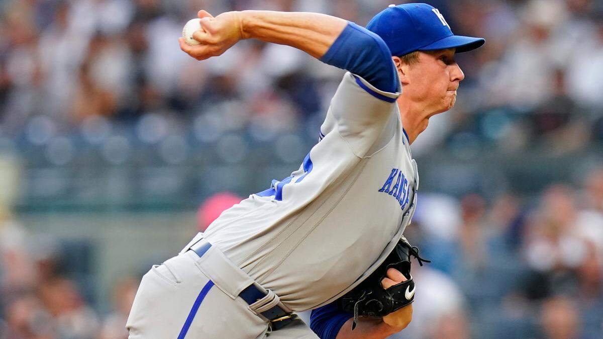 Kansas City Royals’ Brady Singer pitches during the first inning of the team’s baseball game against the New York Yankees on Thursday, July 28, 2022, in New York. (AP Photo/Frank Franklin II)