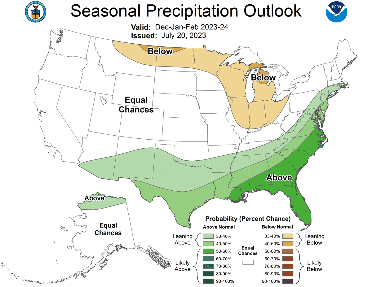 This map shows precipitation projections for the winter months of 2023-2024. Kansas City’s precipitation is projected to be in line with annual averages.
