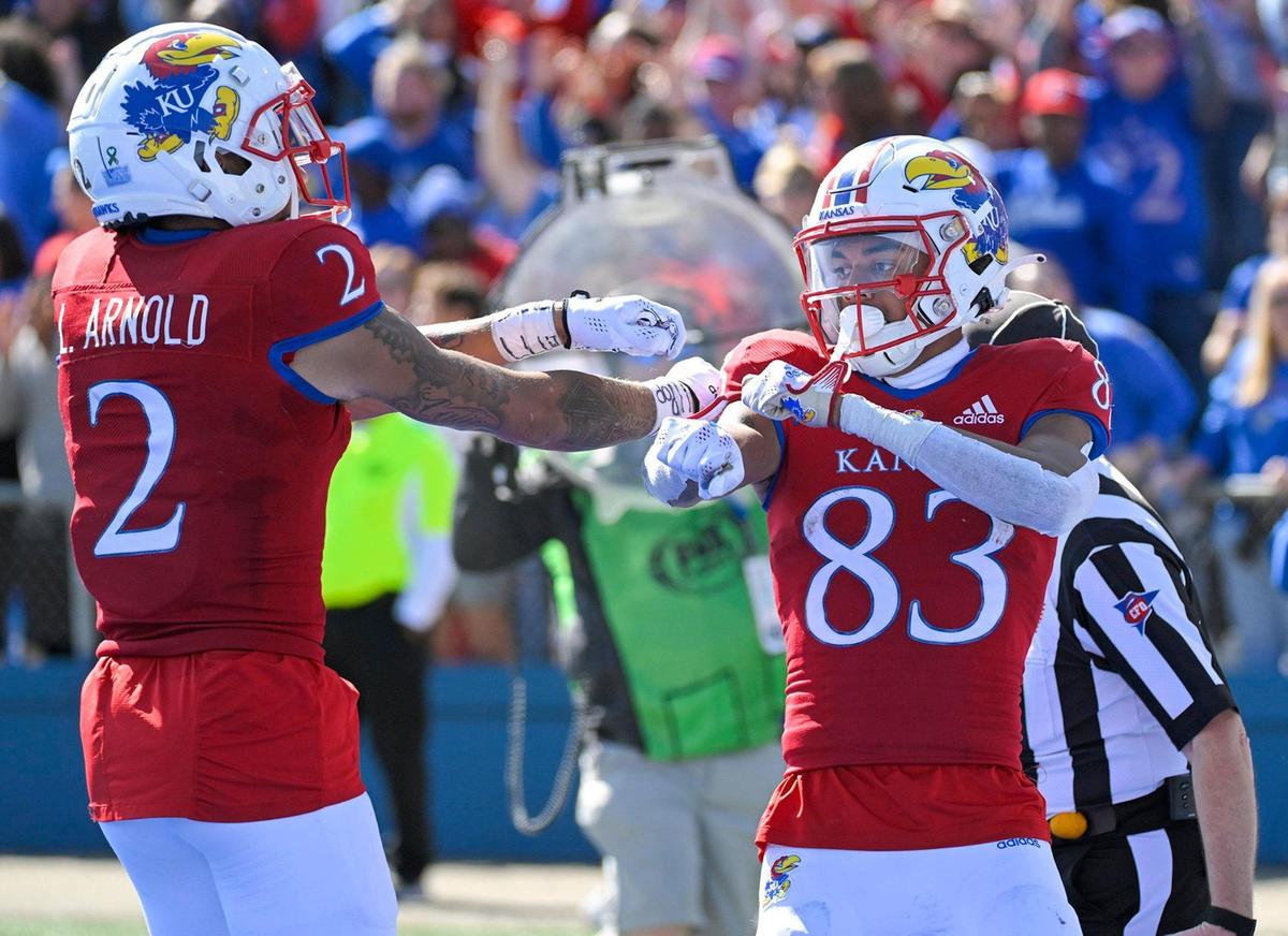 Kansas Jayhawks wide receivers Quentin Skinner (83) and Lawrence Arnold celebrated Skinner’s touchdown against TCU at Booth Memorial Stadium on Saturday, Oct. 8, 2022, in Lawrence, Kansas.