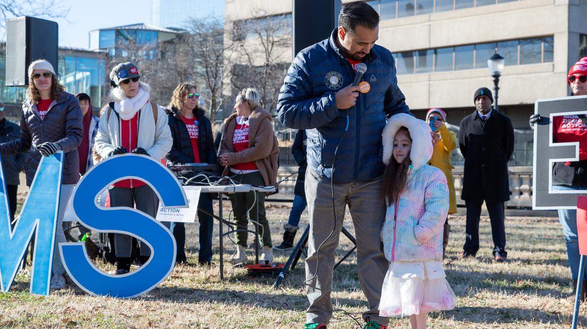 First District Legislator of Jackson County Manuel Abarca IV speaks during the Kansas City Rally to End Gun Violence on Saturday, Feb. 17 at Washington Square Park. Abarca shared his experience during the shooting at the Kansas City Chiefs Super Bowl Rally.