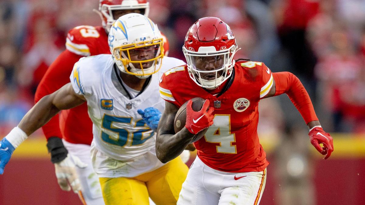 Chiefs wide receiver Rashee Rice (No. 4) is on an upward trajectory as a pro after being drafted by Kansas City this spring.