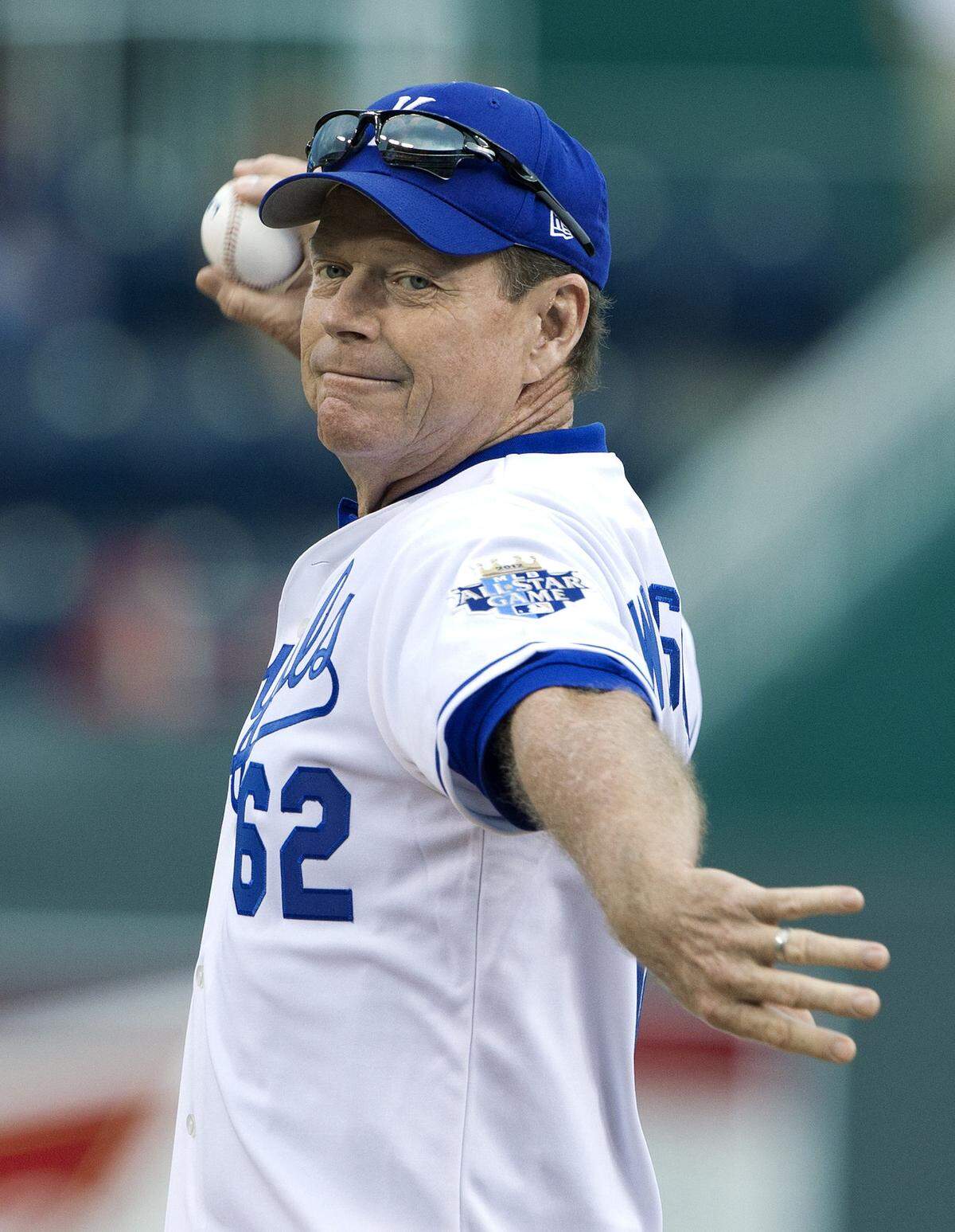 Tom Watson, a “true-blue” Royals fan whose first love was baseball, throws out the first pitch before a 2012 game between the Royals and St. Louis Cardinals at Kauffman Stadium.