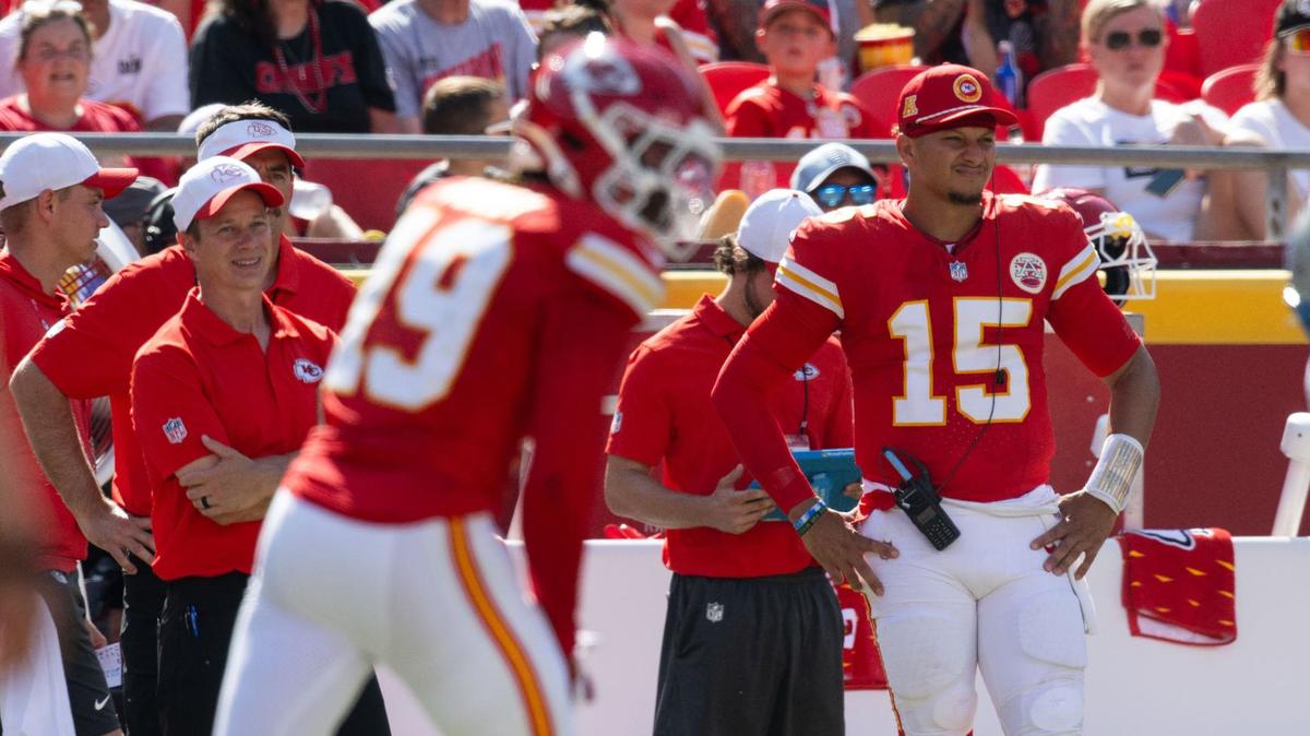 Kansas City Chiefs quarterback Patrick Mahomes stands on the sideline during the first half of the preseason game Saturday, Aug. 17, 2024, against the Detroit Lions. at GEHA Field at Arrowhead Stadium.
