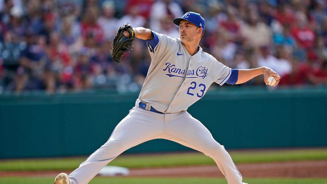 Kansas City Royals starting pitcher Mike Minor delivers in the first inning against the Cleveland Indians on Saturday, July 10, 2021, in Cleveland.
