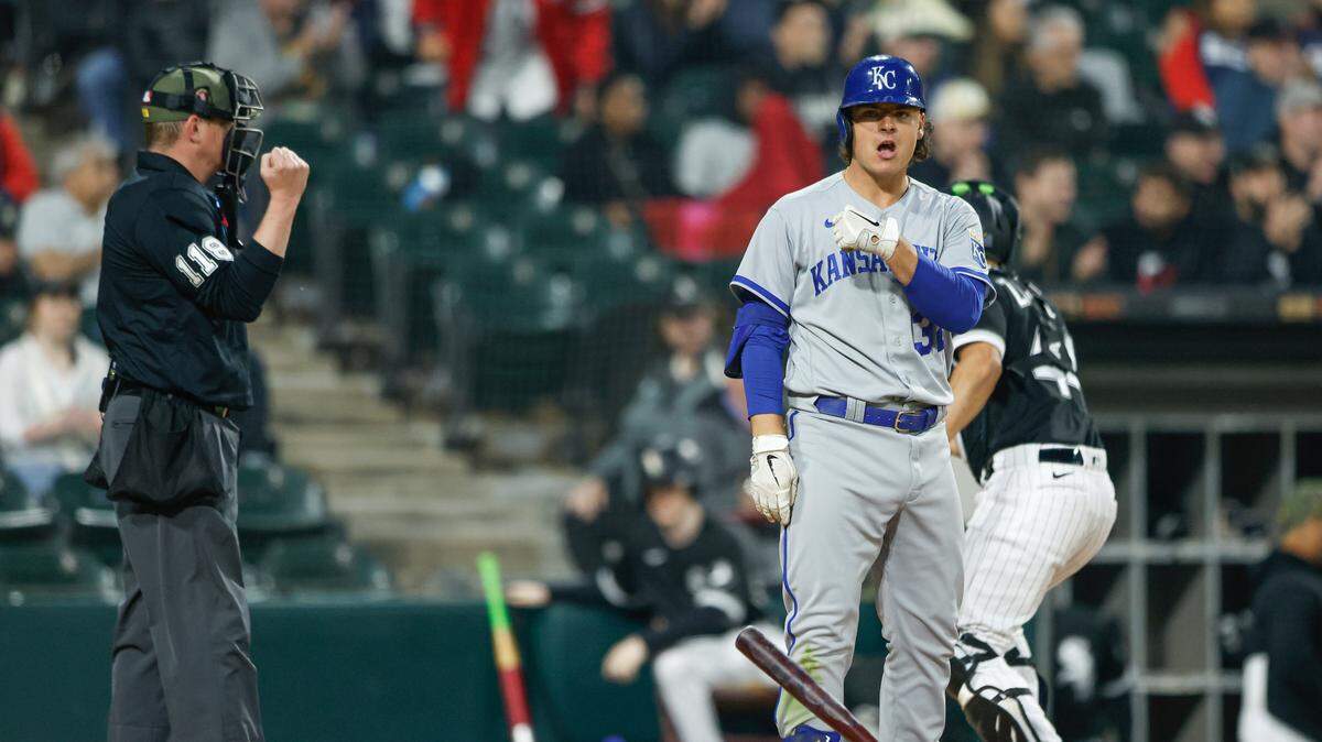The Royals’ Nick Pratto reacts after striking out against the Chicago White Sox during the fifth inning at Guaranteed Rate Field on May 19, 2023.