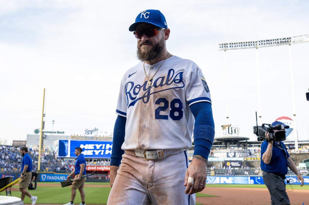 Kansas City Royals center fielder Kyle Isbel (28) walks off the field after winning 3-1 against the Minnesota Twins in the home opening game at Kauffman Stadium on Monday, March 30, 2026, in Kansas City.